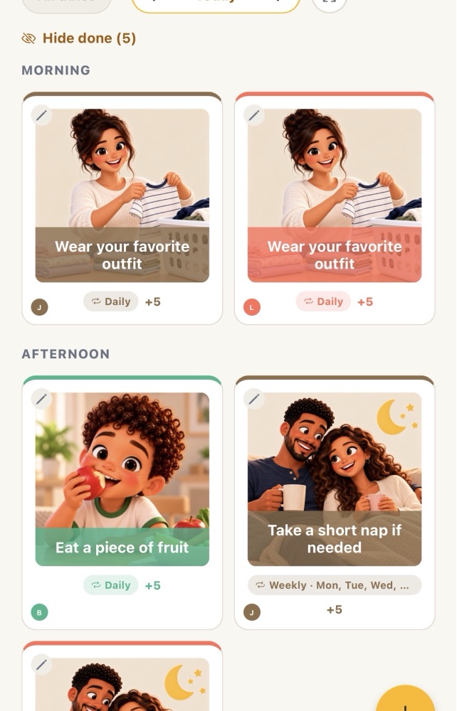 Task cards with storybook pictures, grouped into morning and afternoon