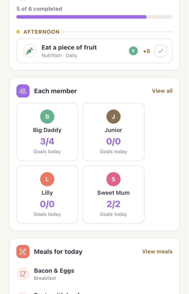 The Today screen: task progress, each family member's goals and today's meals