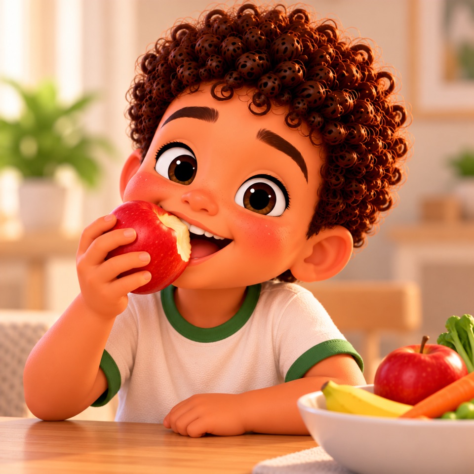 A boy biting into a red apple