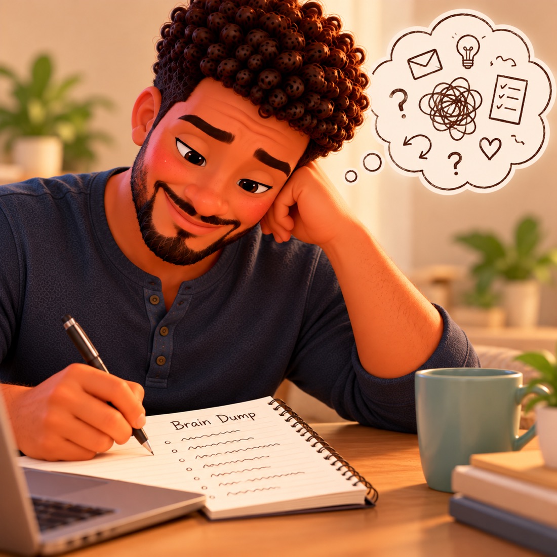A tired dad writing a brain dump, with thought bubbles full of reminders and question marks