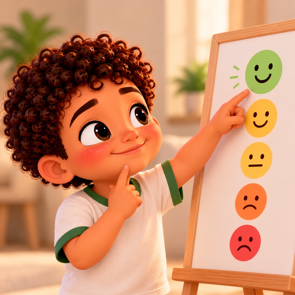 A boy pointing at the smiley face on a feelings chart