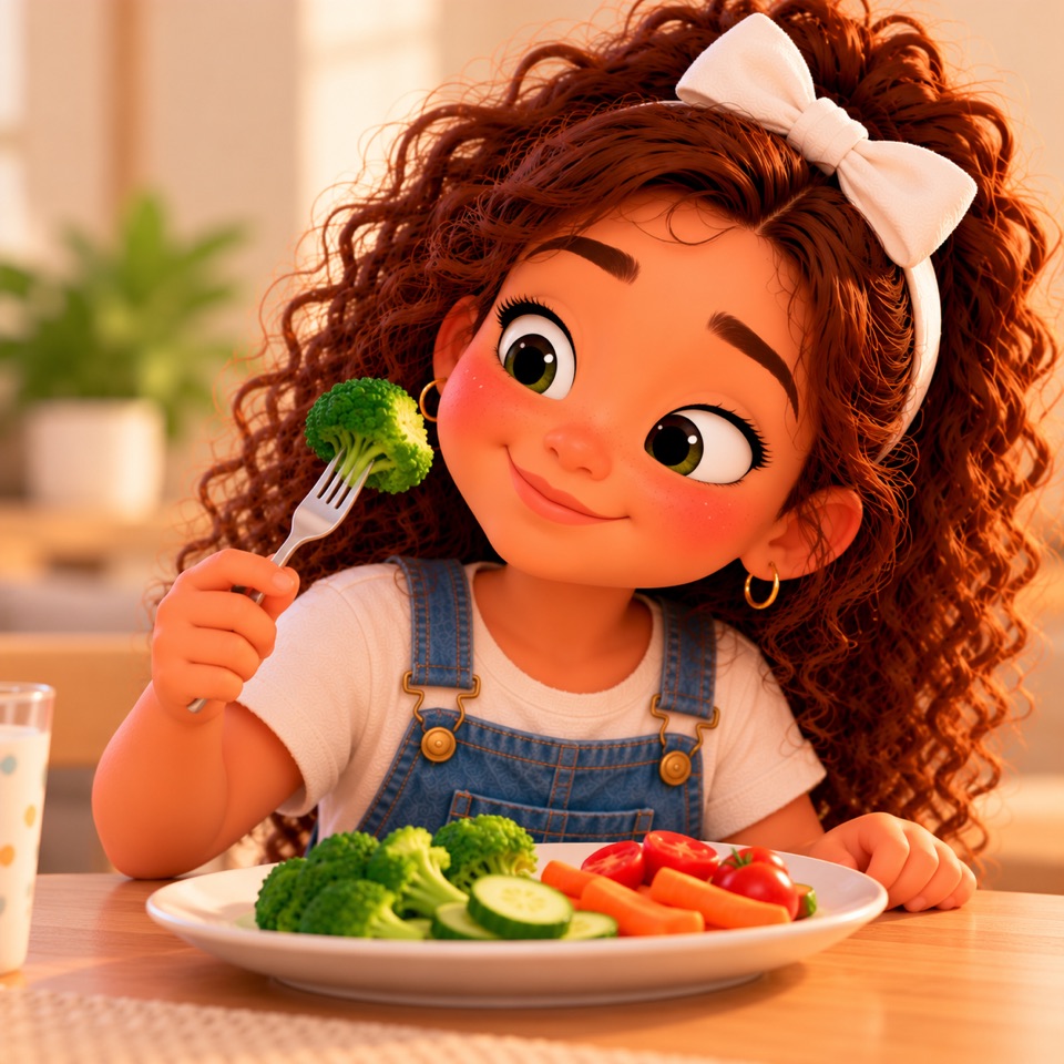 A girl eating broccoli from a plate of vegetables