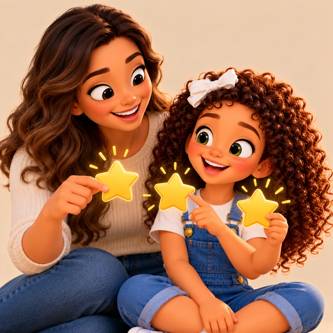 A mum and daughter laughing, each holding up a shining gold star