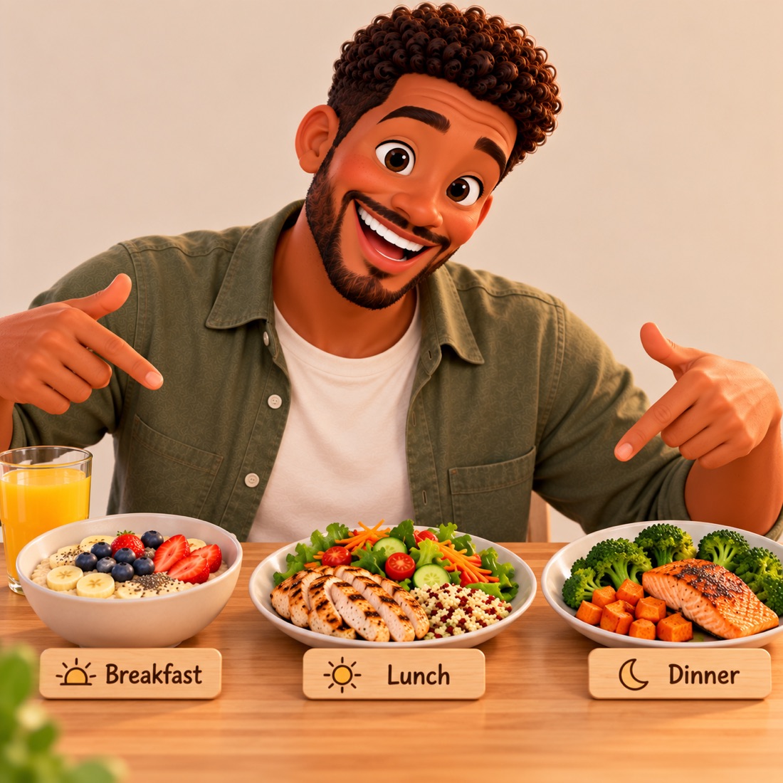 A dad proudly presenting breakfast, lunch and dinner bowls