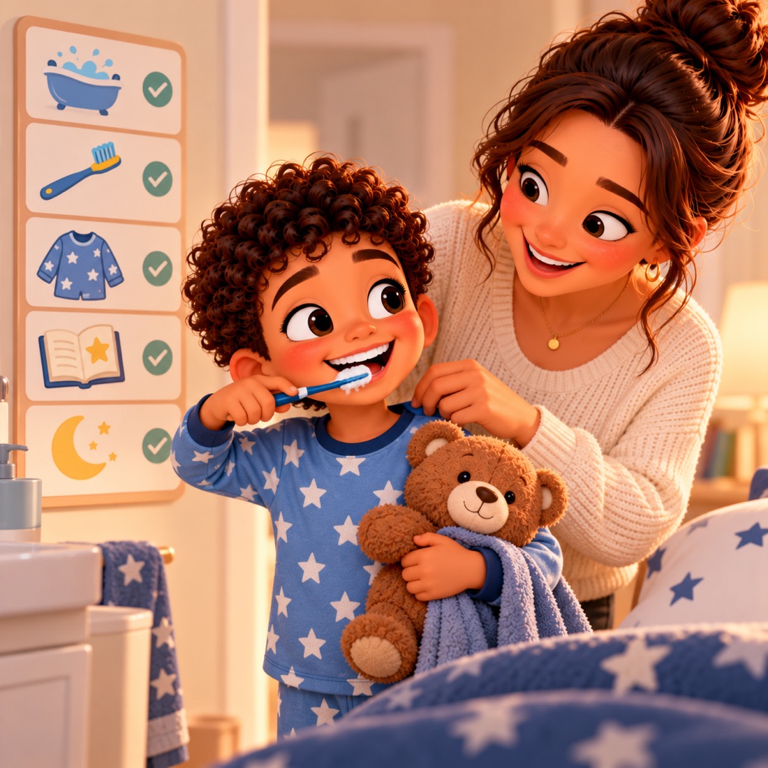 A mum helping her son brush his teeth beside a picture chart of the morning routine