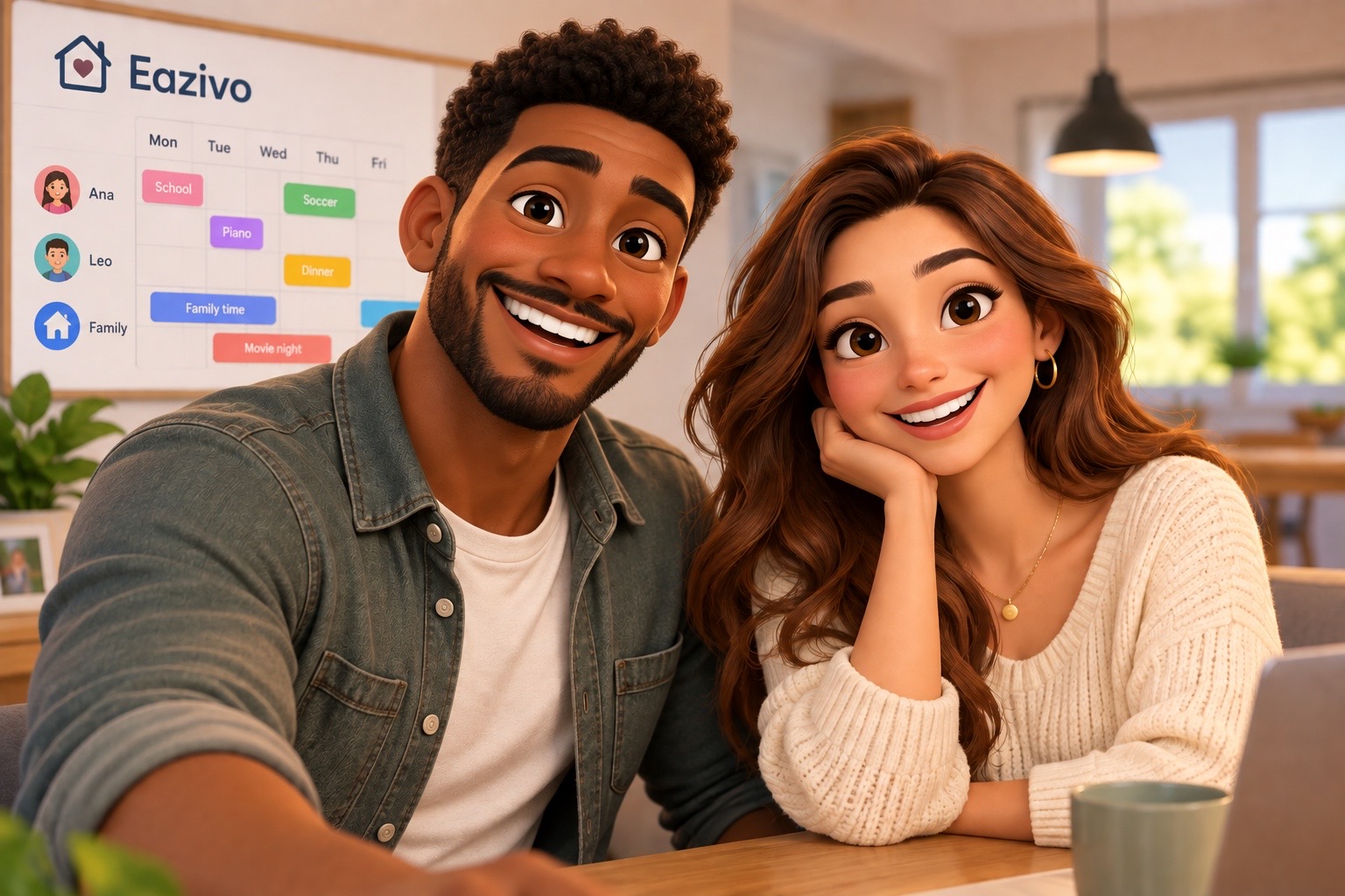 Two parents smiling in front of the family calendar on their kitchen wall
