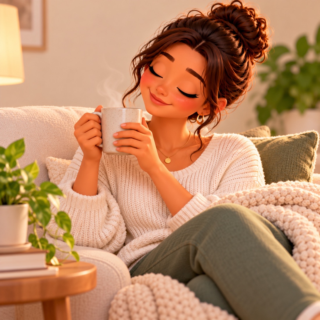 A mum enjoying a quiet cup of tea on the sofa, eyes closed