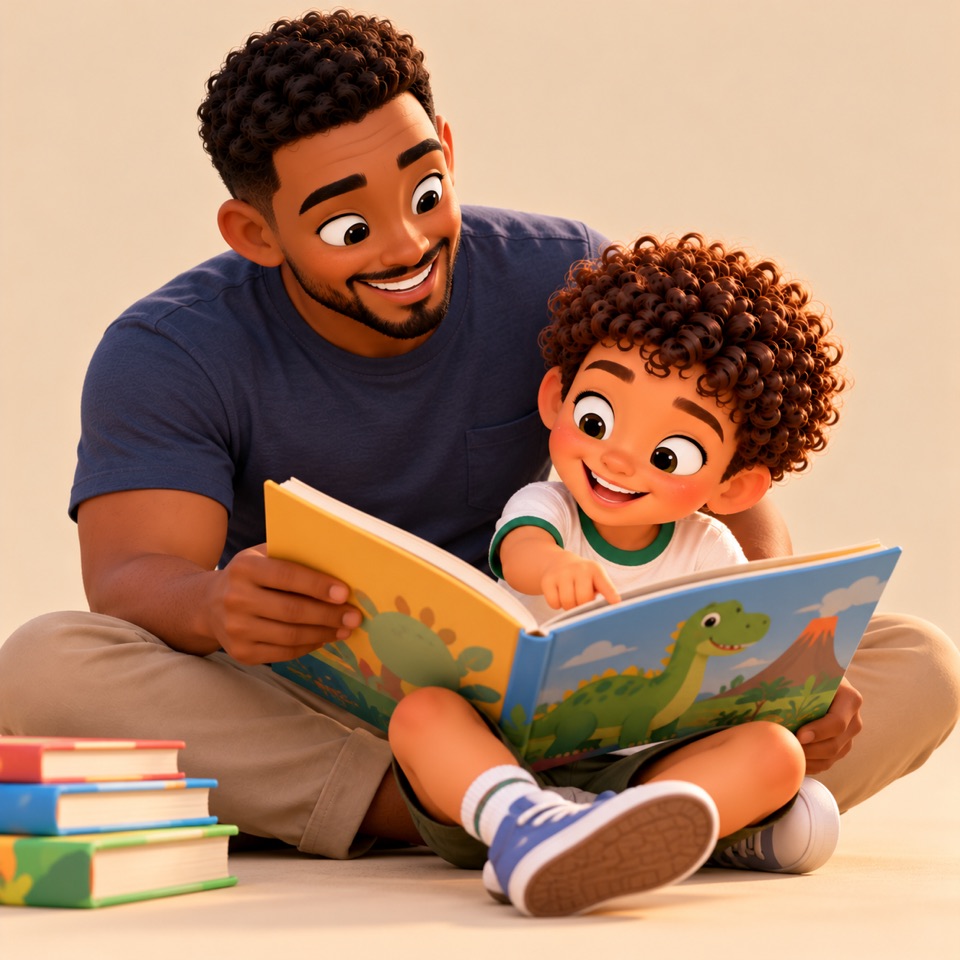 A dad reading a dinosaur book with his son